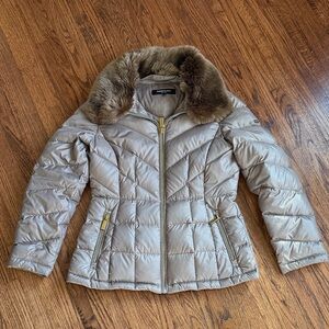 Kenneth Cole New York Taupe Puffer Jacket with Faux Fur Collar